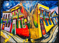 Frenchmen Street by Moonlight — original framed acrylic painting of a New Orleans jazz corner under a swirling moon
