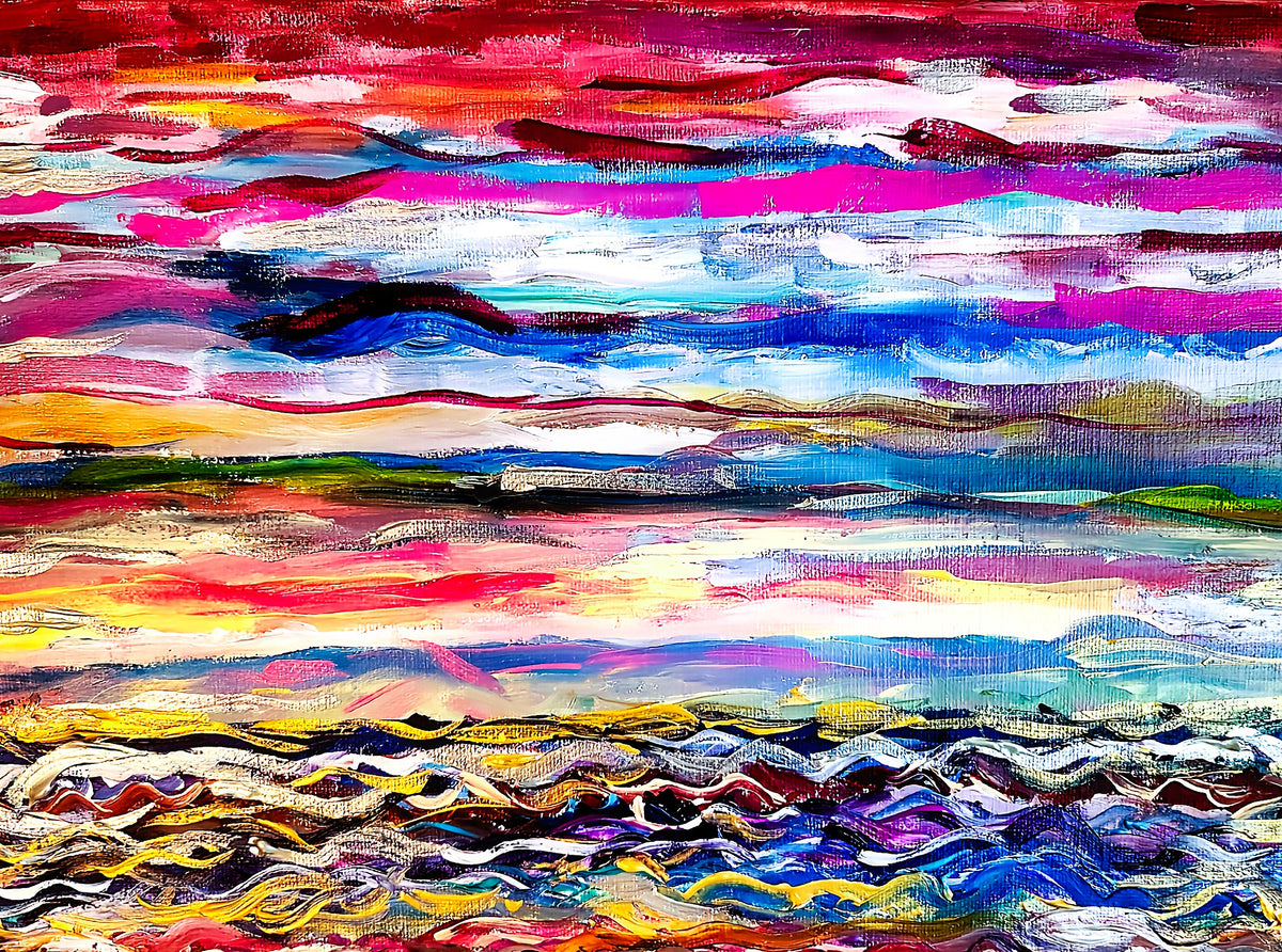 Gulf Coast Reverie — original acrylic abstract seascape with layered bands of magenta, cobalt, teal, and gold