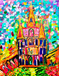 Cathedral in Confetti — original acrylic painting of St. Louis Cathedral in vibrant teal, pink, and yellow