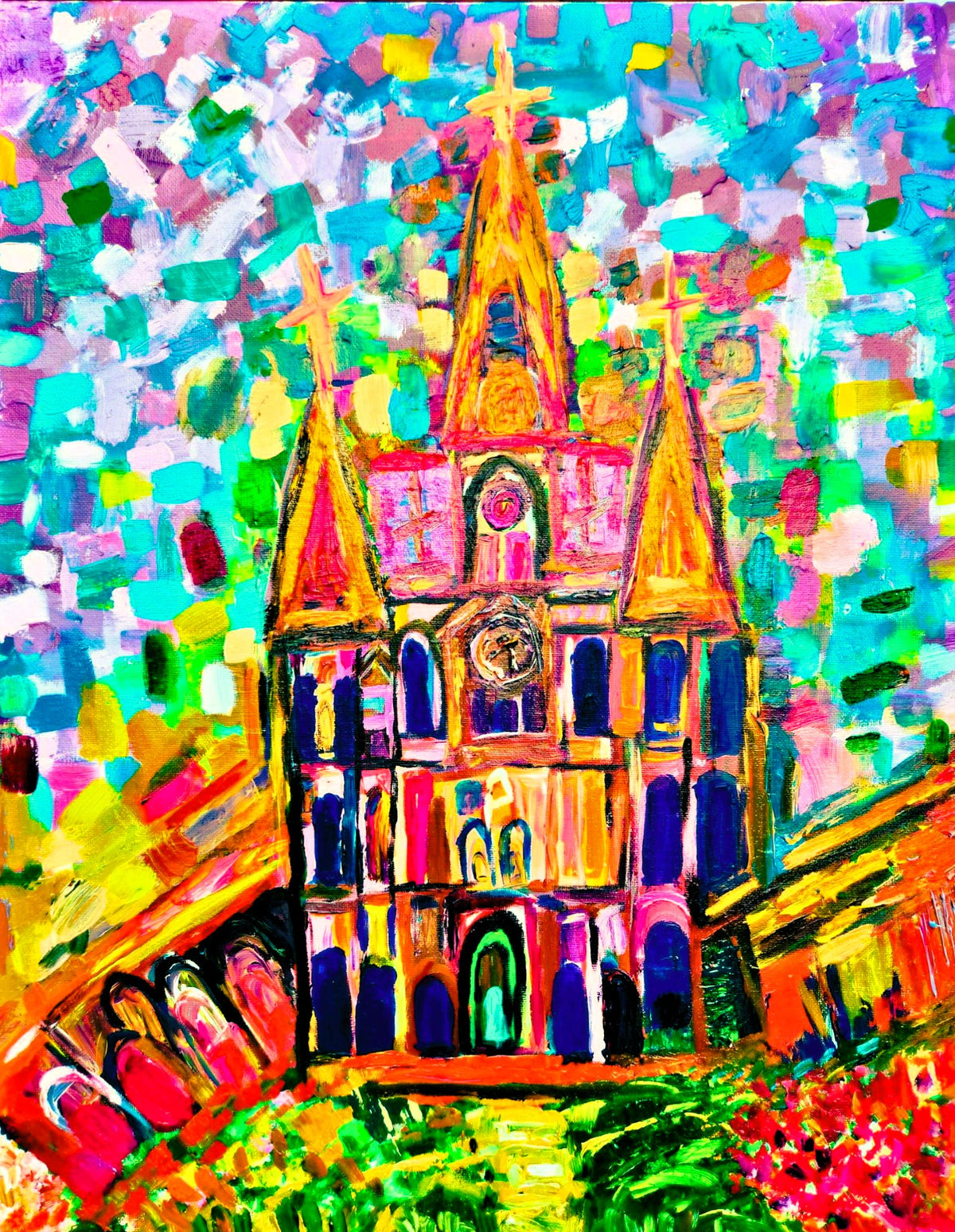 Cathedral in Confetti — original acrylic painting of St. Louis Cathedral in vibrant teal, pink, and yellow