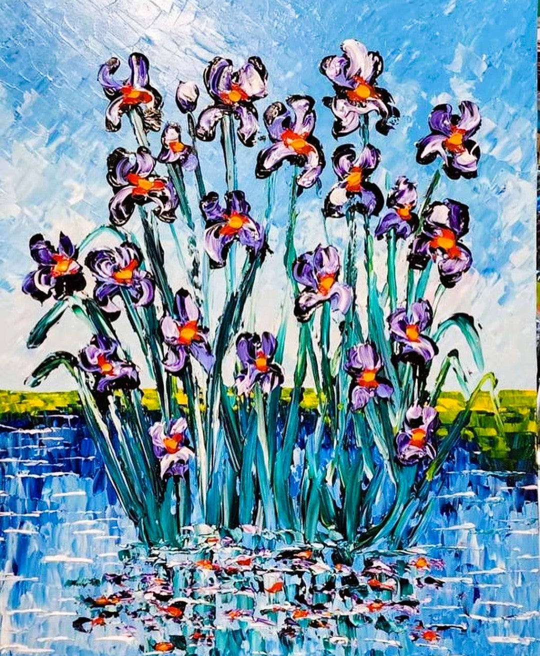 Louisiana Irises — original acrylic painting of purple irises rising from a shimmering bayou pond