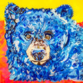 Big Blue — original acrylic bear portrait with cobalt blue textured fur and amber eyes against a yellow and red-orange background