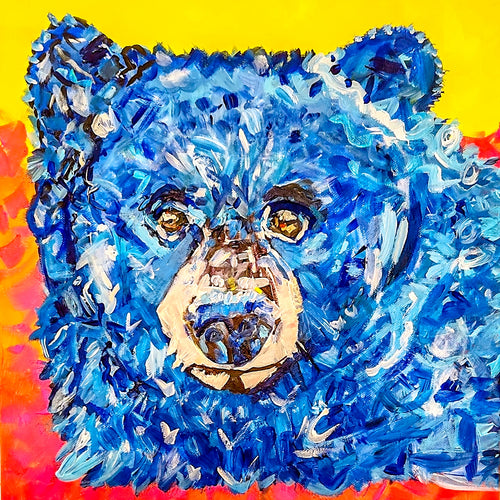 Big Blue — original acrylic bear portrait with cobalt blue textured fur and amber eyes against a yellow and red-orange background