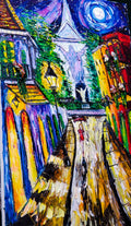 Pirate's Alley by Moonlight — original acrylic painting of a moonlit New Orleans alley with bold color and palette knife texture