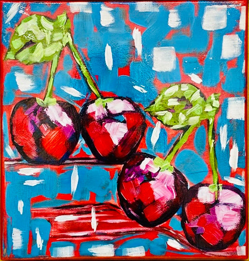 Cherry Bomb — original acrylic painting of four jewel-toned cherries against a vibrant blue and red geometric background