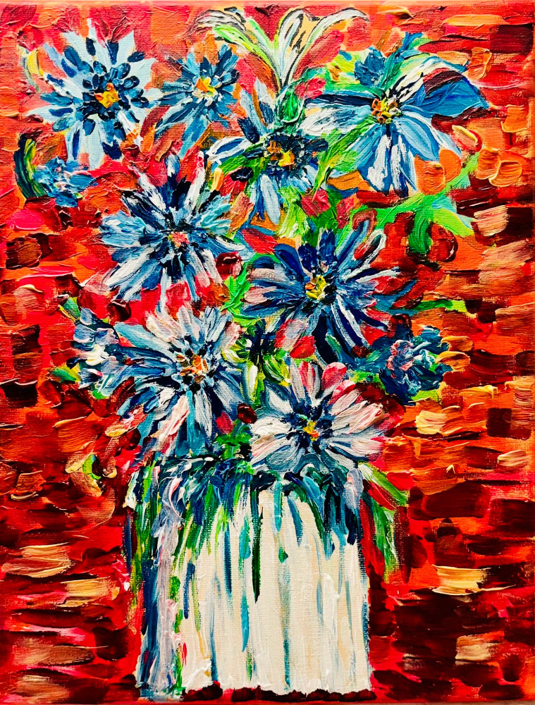 Blue Bouquet — original acrylic painting of blue and white daisy-like flowers in a white vase against a fiery red and orange background