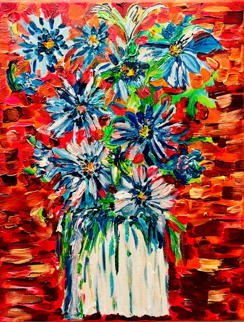 Blue Bouquet — original acrylic painting of blue and white daisy-like flowers in a white vase against a fiery red and orange background