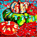 Harvest — original square acrylic still life painting of colorful pumpkins and gourds on a vibrant red and teal background
