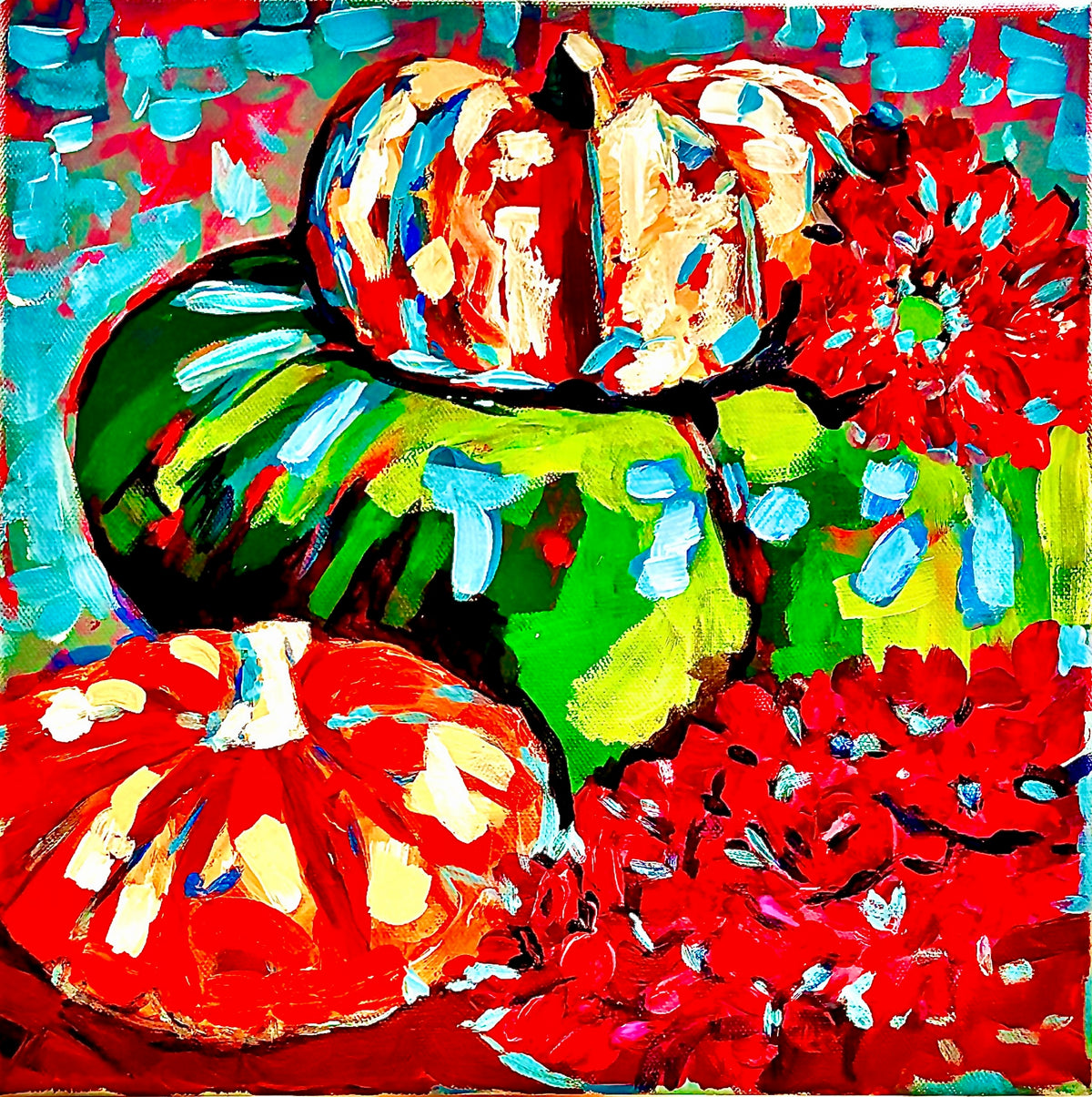 Harvest — original square acrylic still life painting of colorful pumpkins and gourds on a vibrant red and teal background