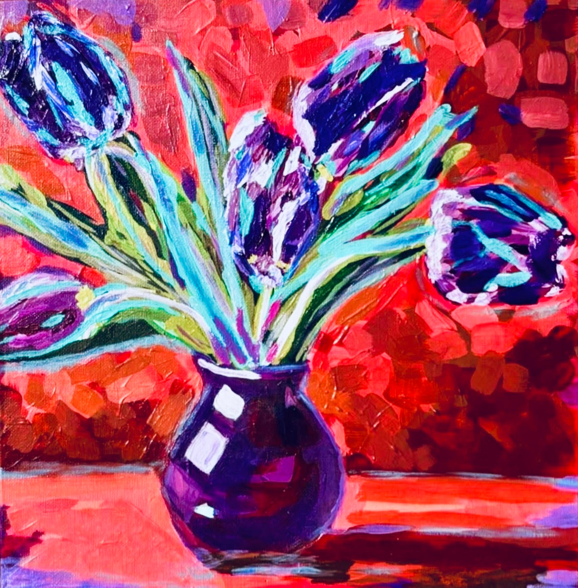 Indigo Tulips — original acrylic painting of deep indigo tulips in a purple vase against a fiery red mosaic background