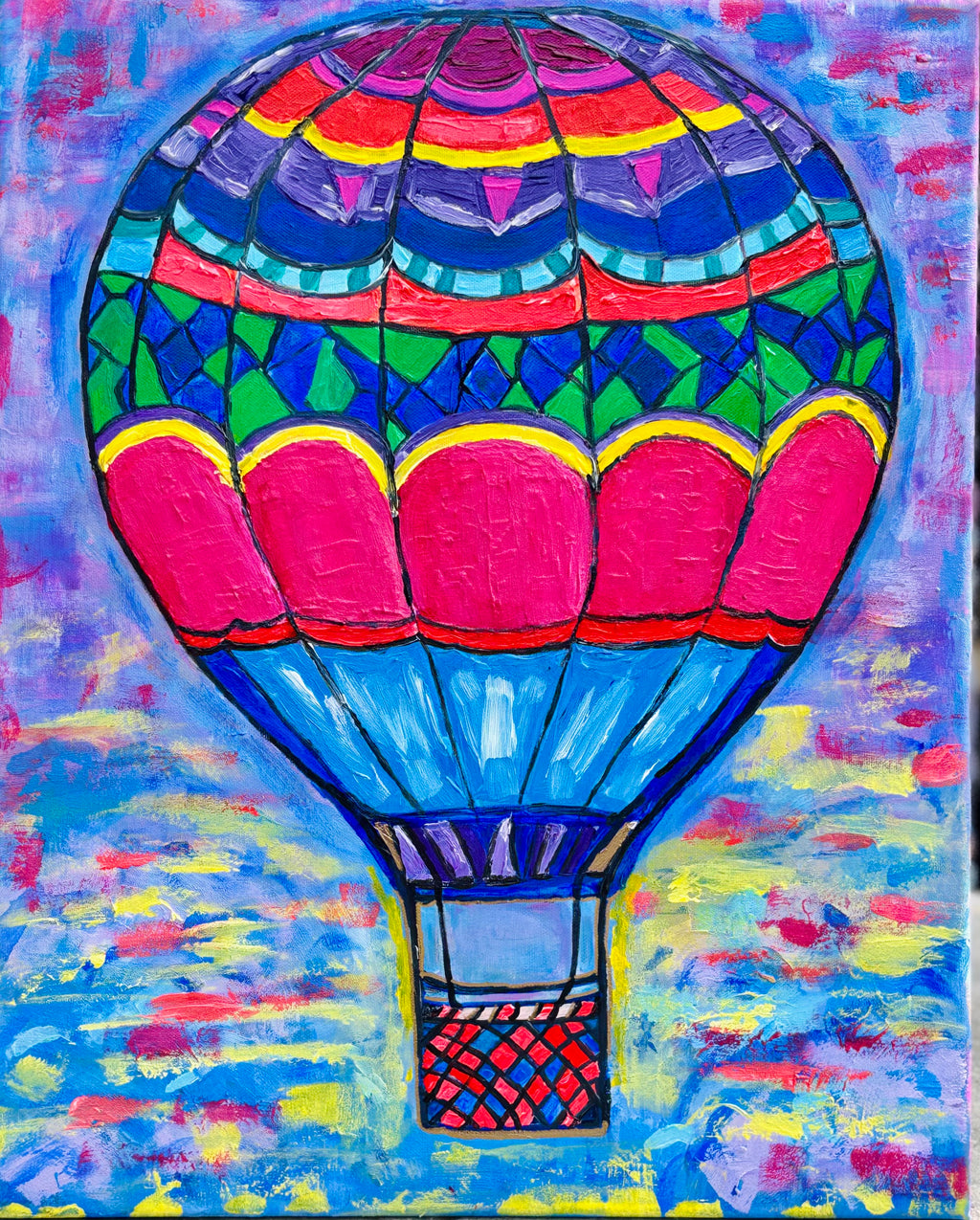 Up — original acrylic painting of a colorful hot air balloon with bold geometric bands floating against a lavender and yellow sky