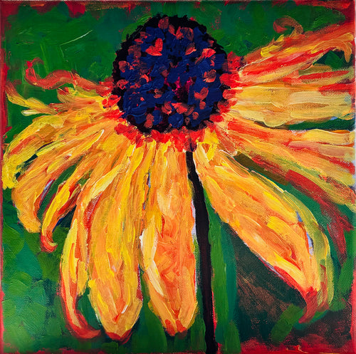 Black-Eyed Susan — original acrylic close-up painting of a golden black-eyed Susan flower with indigo center on a rich green background