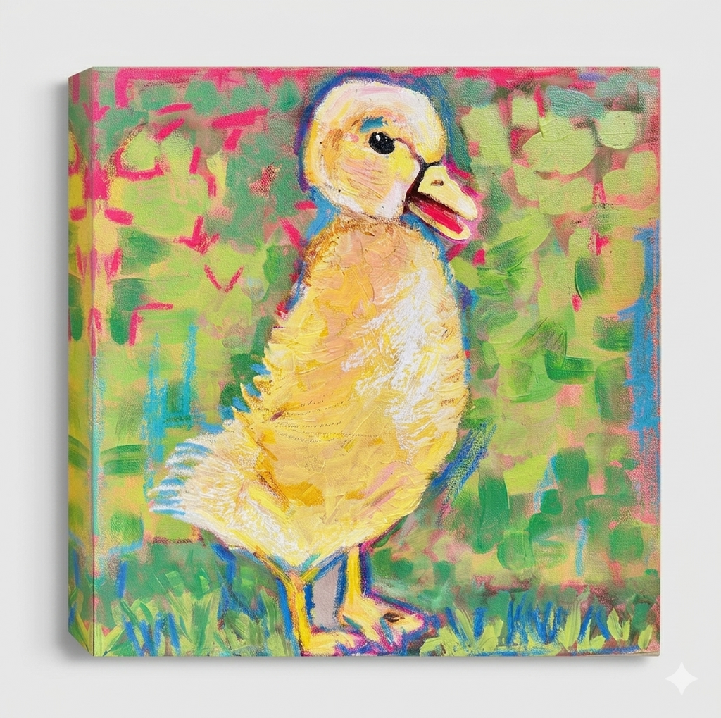 Peep — original acrylic painting of a fluffy yellow duckling against a vibrant green and pink expressionist background