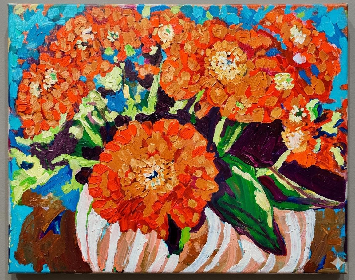 Orange Zinnias — original acrylic painting of bold orange zinnias in a striped vase against a vibrant turquoise and blue background