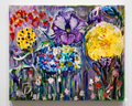 Garden Party — original acrylic and oil floral painting with purple iris, sunflower, hydrangea, and wildflowers on a lavender background
