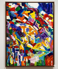 Carnival — original square acrylic abstract painting with bold brushstrokes in red, orange, blue, purple, and yellow