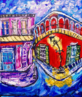 Rainy Night on Royal Street — original acrylic painting of a rainy French Quarter corner with bold red building and cobalt blue reflections
