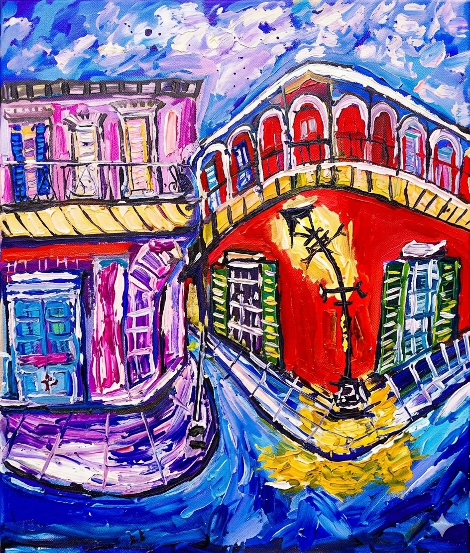 Rainy Night on Royal Street — original acrylic painting of a rainy French Quarter corner with bold red building and cobalt blue reflections